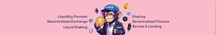 Banner channel Paman Beruang: karakter kera pakai topi web3 memegang koin Bitcoin, dikelilingi tulisan Liquidity Provider, Decentralized Exchange, Liquid Staking, Staking, Decentralized Finance, dan Borrow & Lending.