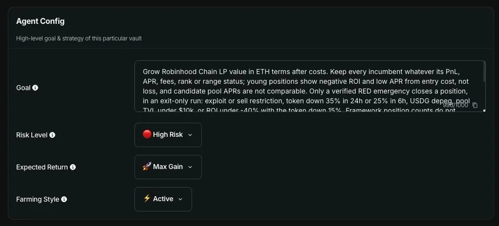 Agent Config PAMAN v1.6.3: Goal, Risk Level High Risk, Expected Return Max Gain, dan Farming Style Active.