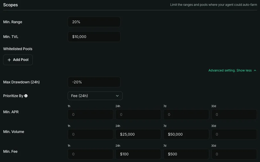 Scopes PAMAN v1.6.3: Min. Range 20%, Min. TVL $10.000, Max Drawdown −20%, Prioritize By Fee (24h), serta Min. Volume dan Min. Fee.