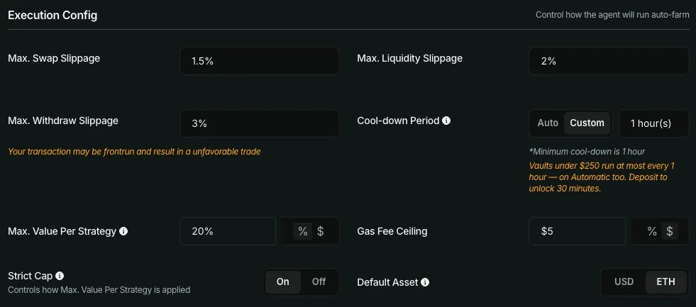 Execution Config PAMAN v1.6.3: slippage 1,5%, 2%, dan 3%, cooldown 1 jam, Max Value Per Strategy 20%, gas fee ceiling $5, Strict Cap On, Default Asset ETH.