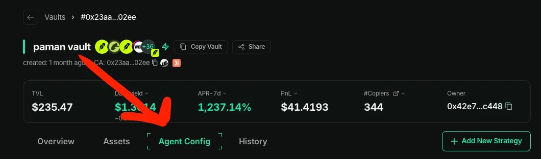Halaman paman vault dengan panah yang menunjuk tab Agent Config.