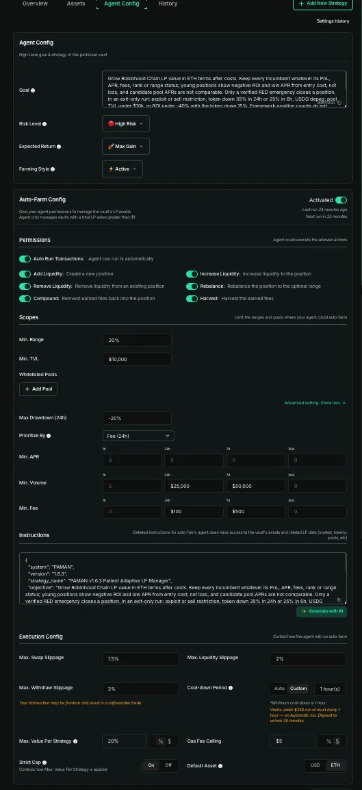 Tampilan lengkap tab Agent Config paman vault dari atas sampai bawah.
