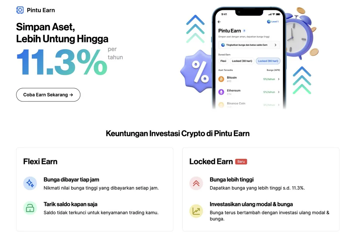 Halaman promosi Pintu Earn: bunga simpan aset hingga 11,3% per tahun, dengan pilihan Flexi Earn dan Locked Earn.
