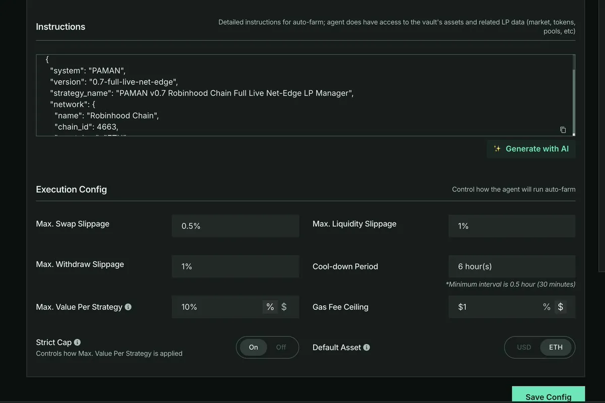 Kolom Instructions berisi aturan PAMAN dalam format JSON, dan Execution Config untuk batas slippage, cooldown, dan gas.