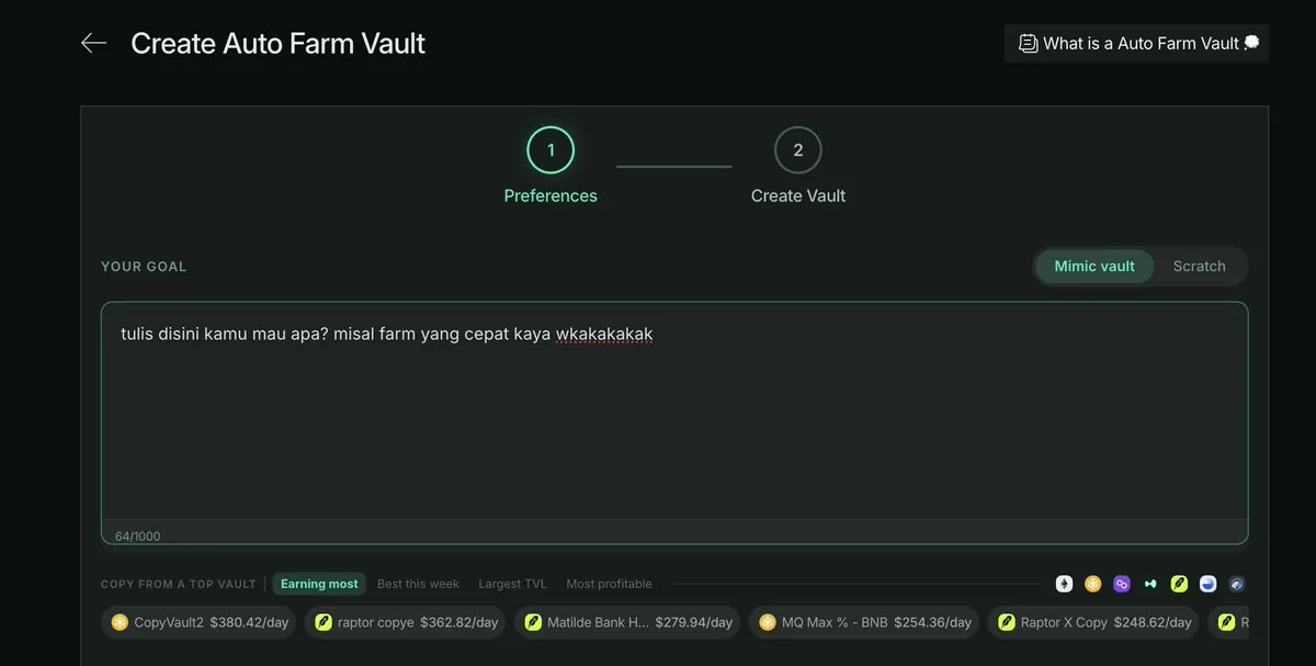 Langkah pertama membuat Auto Farm Vault: kolom Your Goal untuk menulis tujuan farming, dengan pilihan Mimic vault atau Scratch.