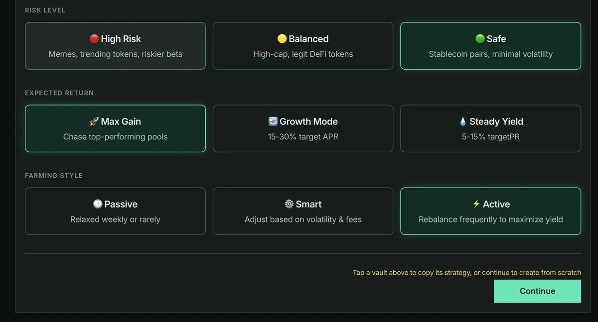 Pilihan Risk Level (High Risk, Balanced, Safe), Expected Return (Max Gain, Growth Mode, Steady Yield), dan Farming Style (Passive, Smart, Active).