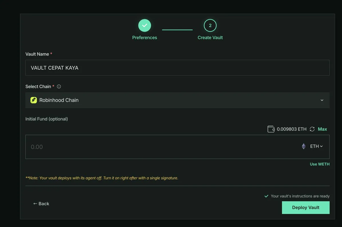 Langkah kedua: memberi nama vault, memilih chain Robinhood Chain, mengisi dana awal, lalu Deploy Vault.
