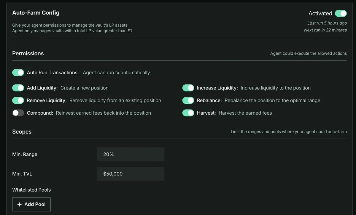 Auto-Farm Config: izin yang boleh dijalankan AI Agent, dan Scopes seperti Min. Range dan Min. TVL.