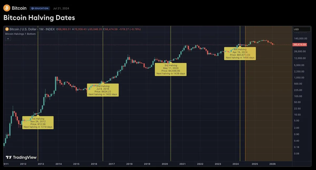 Grafik harga Bitcoin dari TradingView dengan tanggal empat halving: 2012, 2016, 2020, dan April 2024.