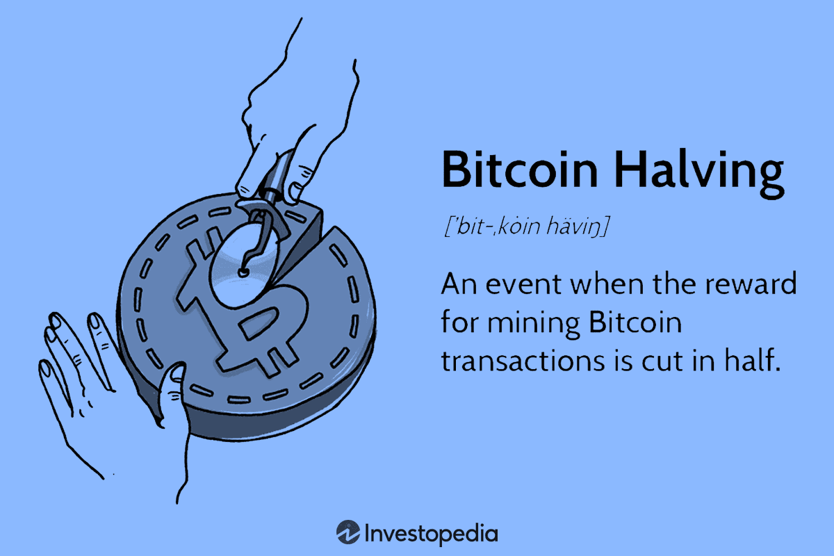 Ilustrasi Investopedia tentang halving Bitcoin: saat imbalan menambang Bitcoin dipotong setengah.