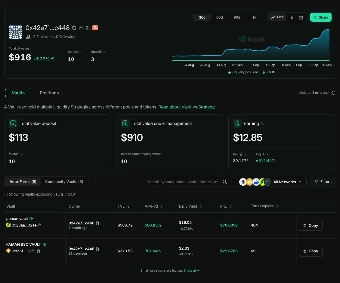 Portofolio wallet paman di Krystal: total nilai LP $916, 10 vault, grafik 30 hari, serta paman vault dan PAMAN BSC VAULT.