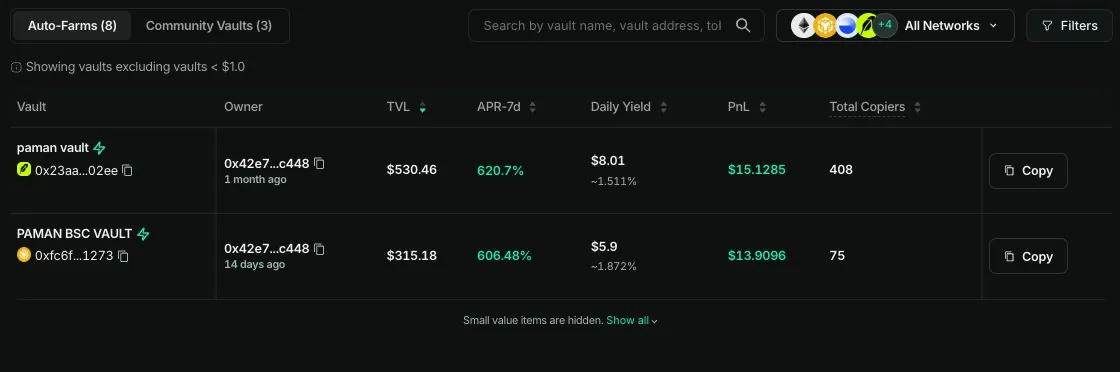 Daftar Auto-Farms: paman vault (Robinhood Chain) dan PAMAN BSC VAULT dengan TVL, APR 7 hari, daily yield, PnL, dan jumlah copier.