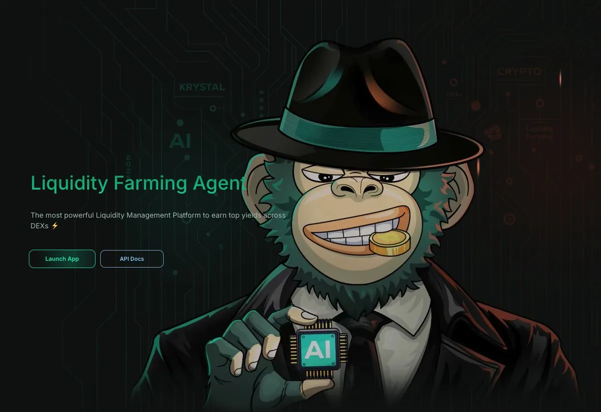 Halaman depan Krystal: Liquidity Farming Agent, platform manajemen likuiditas di berbagai DEX.