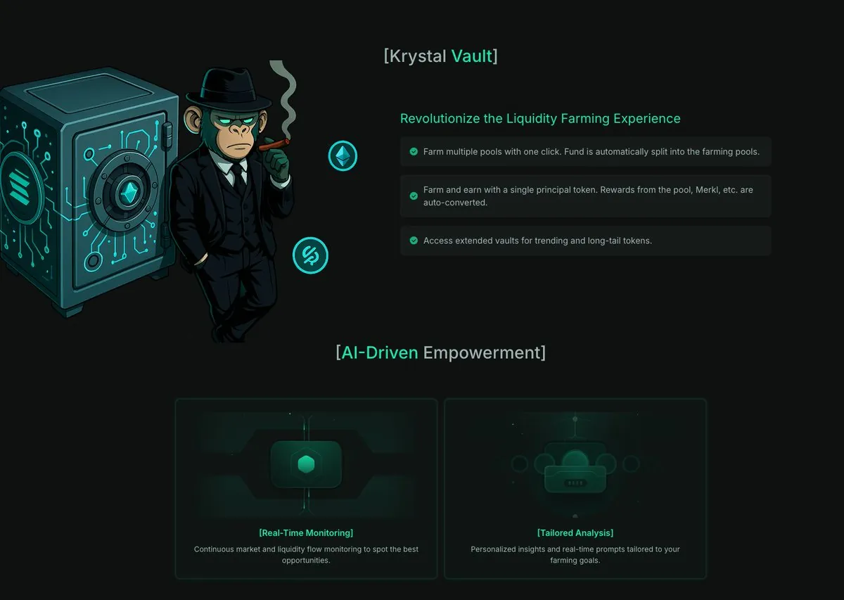 Materi Krystal Vault: farm banyak pool sekali klik dengan satu token pokok, plus pemantauan real-time berbasis AI.