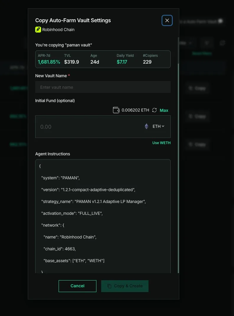Jendela Copy Auto-Farm Vault Settings saat menyalin paman vault: nama vault baru, dana awal, dan Agent Instructions yang ikut tersalin.