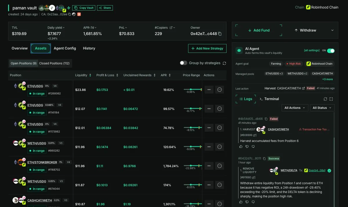 Tab Assets di paman vault: daftar posisi LP yang terbuka, status in range, profit & loss, dan fee yang belum diklaim.