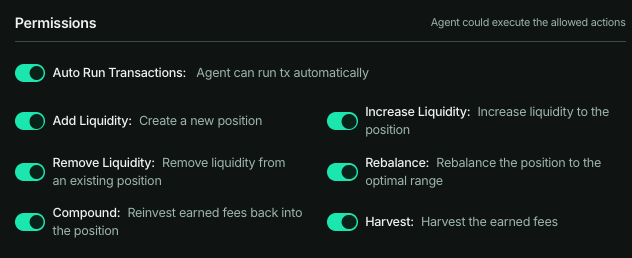 Pengaturan Permissions di Auto Farm Vault: Auto Run Transactions, Add, Increase, dan Remove Liquidity, Rebalance, Compound, dan Harvest.