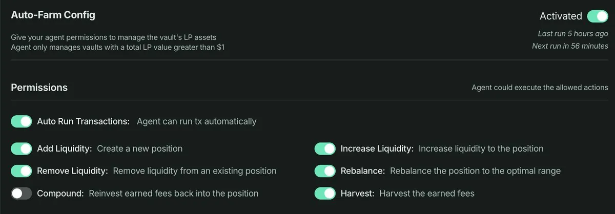 Auto-Farm Config: sakelar izin Auto Run Transactions, Add, Increase, dan Remove Liquidity, Rebalance, Compound, dan Harvest.