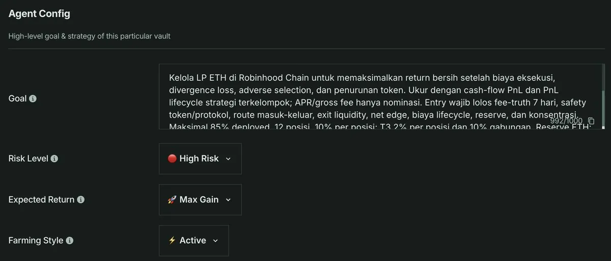 Agent Config vault PAMAN: kolom Goal, Risk Level High Risk, Expected Return Max Gain, dan Farming Style Active.