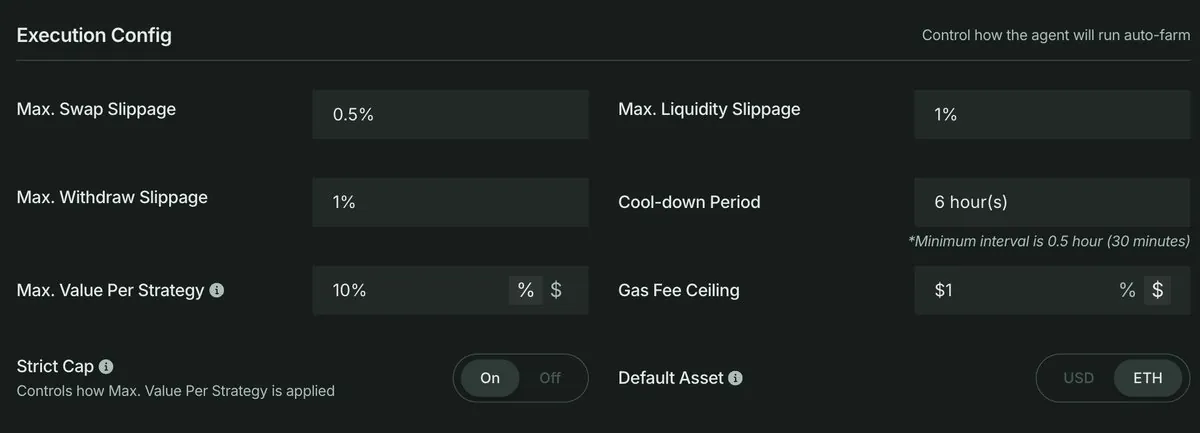 Execution Config: batas slippage swap, likuiditas, dan withdraw, cooldown 6 jam, Max Value Per Strategy 10%, dan gas fee ceiling.