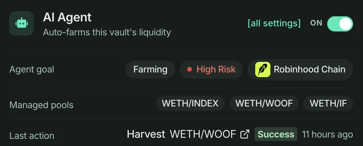 Ringkasan AI Agent: tujuan farming High Risk di Robinhood Chain, pool yang dikelola, dan aksi terakhir berupa harvest yang berhasil.