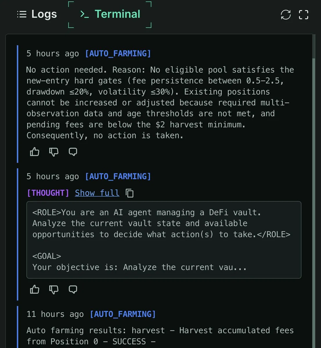 Terminal AI Agent: catatan alasan keputusan, misalnya tidak ada aksi karena tidak ada pool yang lolos syarat.