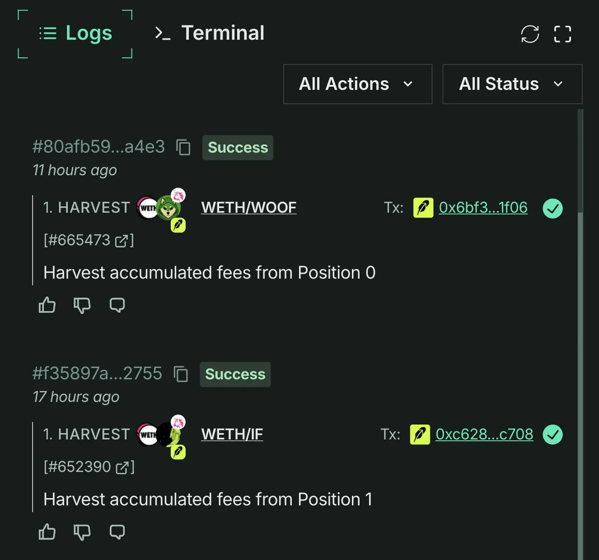 Action Logs AI Agent: riwayat harvest fee yang berhasil beserta hash transaksinya.