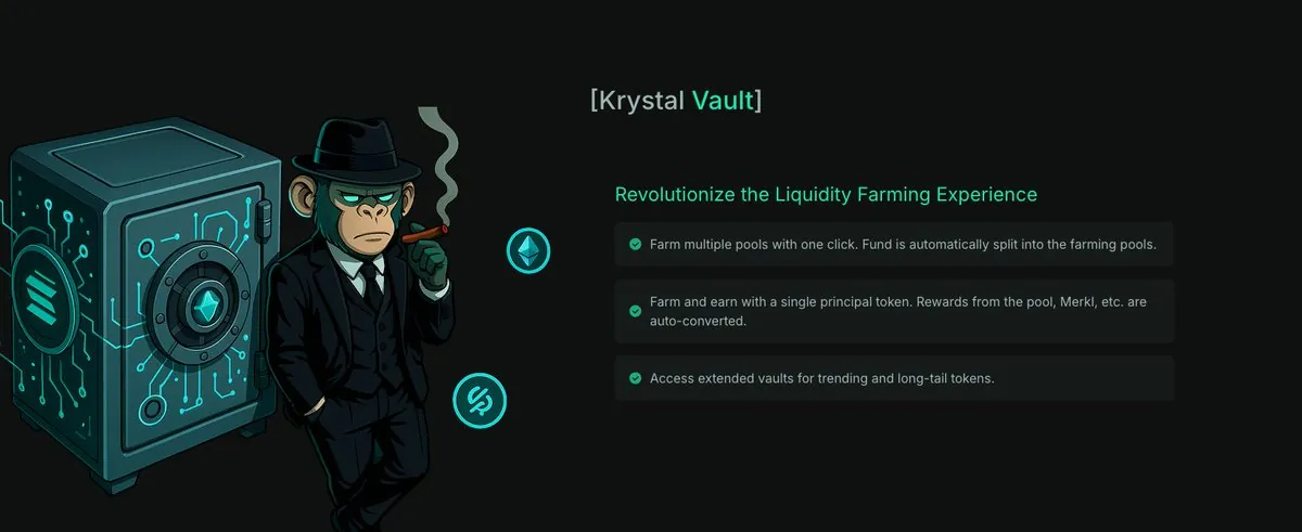 Materi Krystal Vault: farm banyak pool sekali klik dengan satu token pokok.