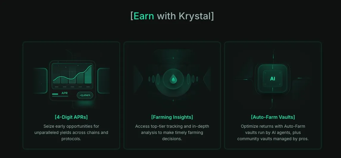 Materi Earn with Krystal: 4-Digit APRs, Farming Insights, dan Auto-Farm Vaults yang dijalankan AI Agent.
