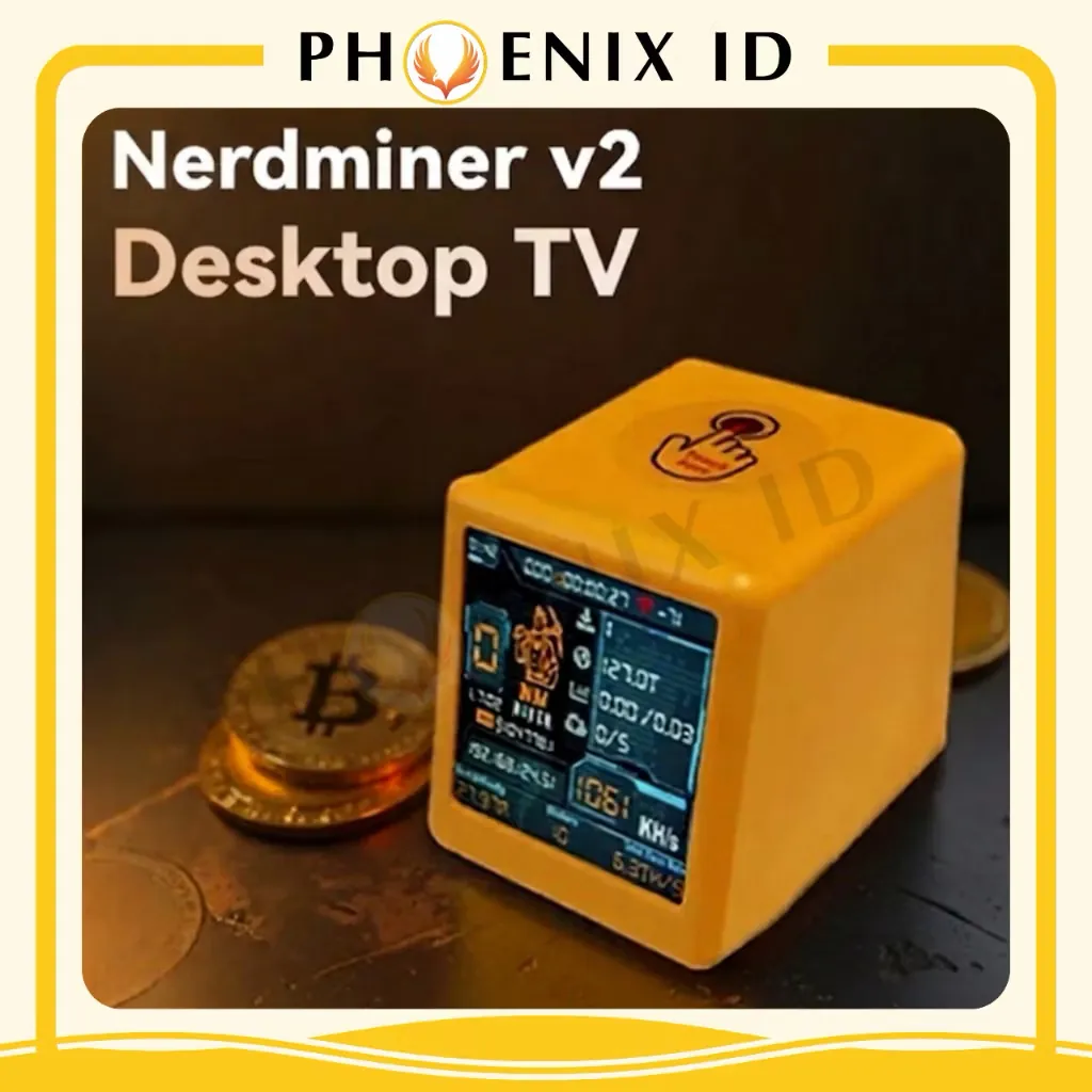 Foto perangkat Nerdminer v2 Desktop TV untuk mining Bitcoin.