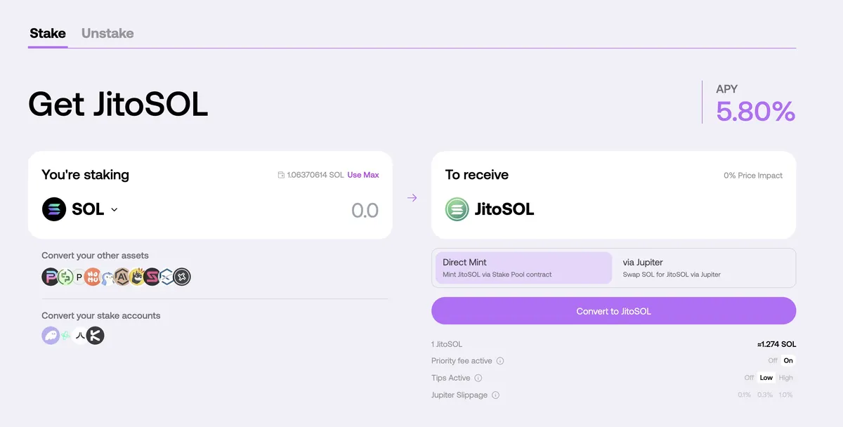 Tangkapan layar staking SOL menjadi JitoSOL dengan kolom jumlah dan estimasi APY.