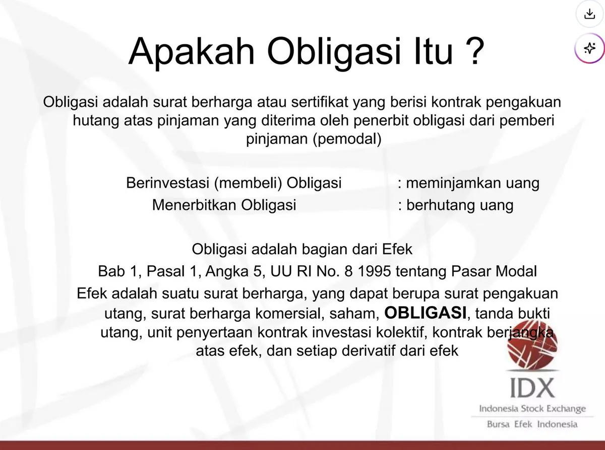 Slide materi Bursa Efek Indonesia: obligasi adalah surat berharga berisi pengakuan utang dari penerbit kepada pemberi pinjaman.