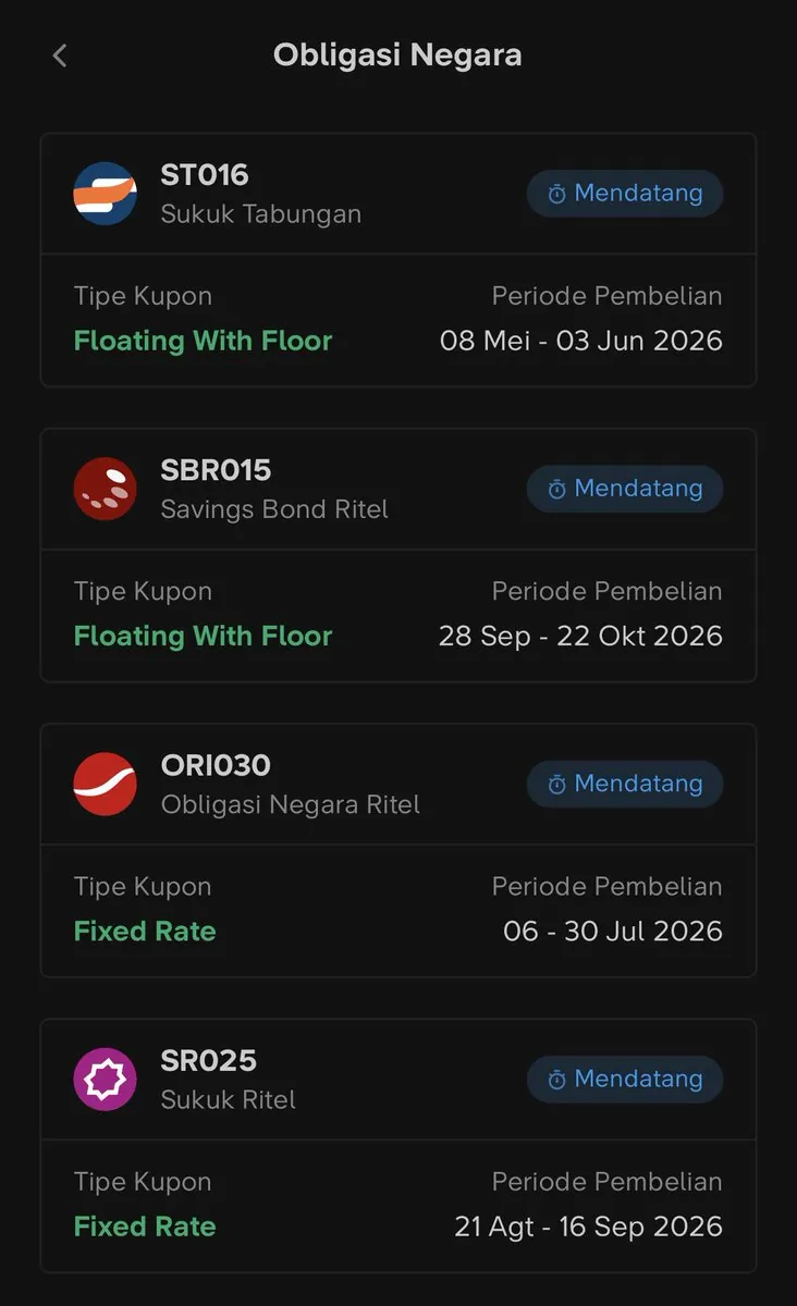 Tangkapan layar aplikasi Bibit: jadwal SBN ritel mendatang (ST016, SBR015, ORI030, SR025) dengan tipe kupon dan periode pembeliannya.
