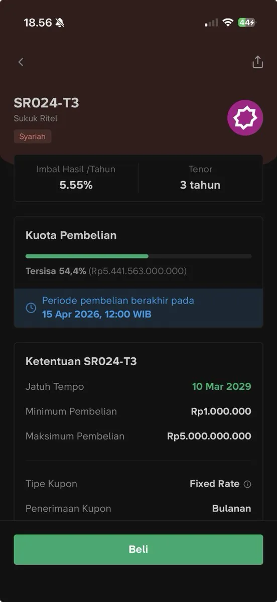 Tangkapan layar detail SR024-T3 di aplikasi Bibit: imbal hasil 5,55% per tahun, tenor 3 tahun, minimum pembelian Rp1.000.000, kupon bulanan.