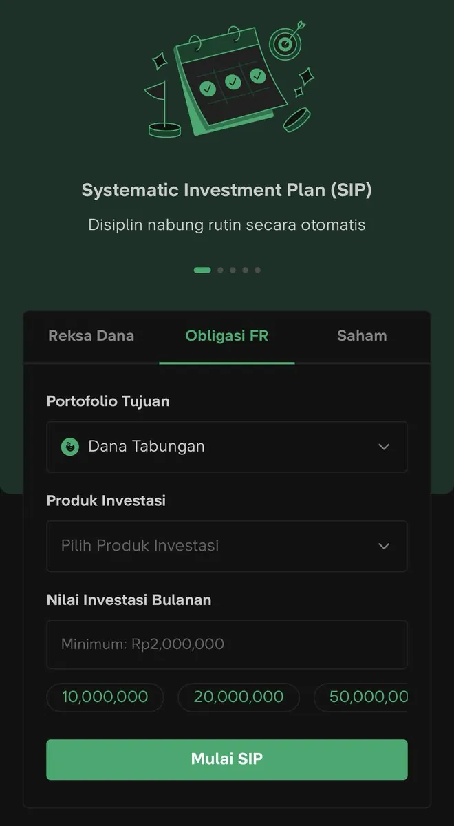 Tangkapan layar fitur Systematic Investment Plan (SIP) di aplikasi Bibit untuk investasi rutin bulanan di obligasi FR.