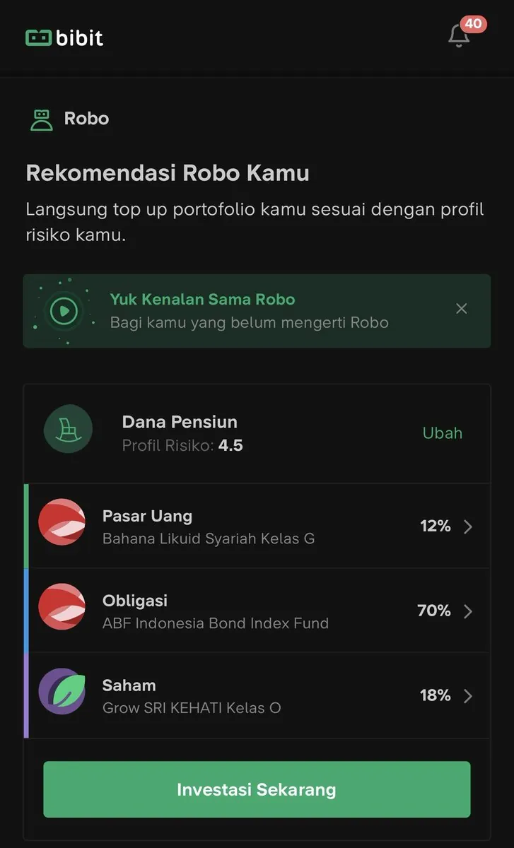 Tangkapan layar fitur Robo di aplikasi Bibit: rekomendasi portofolio dana pensiun yang dibagi ke reksa dana pasar uang, obligasi, dan saham.