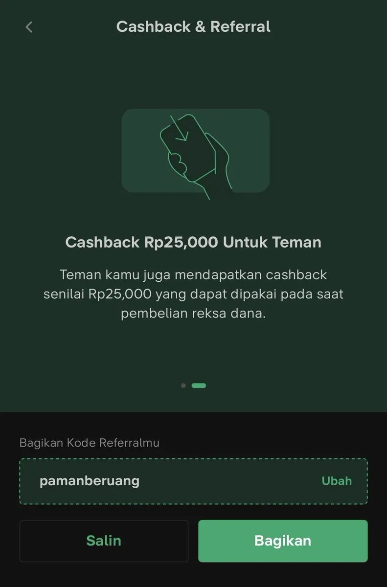 Tangkapan layar halaman Cashback & Referral di aplikasi Bibit: teman yang daftar dapat cashback Rp25.000, dengan kode referral pamanberuang.