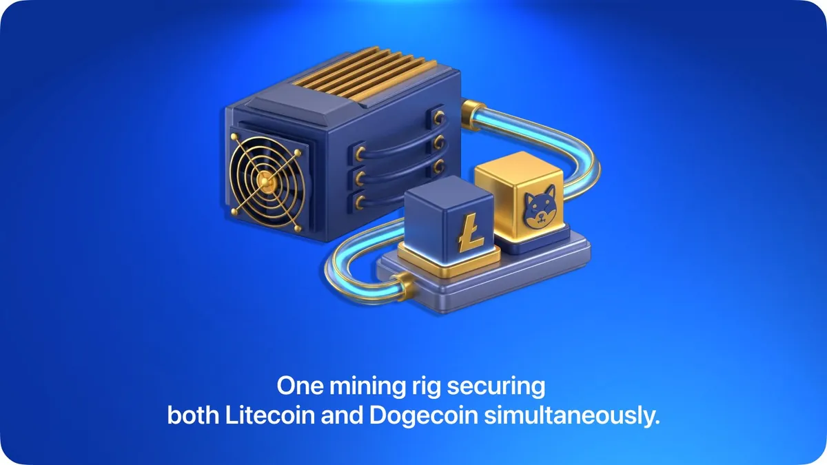 Ilustrasi merged mining Litecoin dan Dogecoin dengan satu perangkat mining.