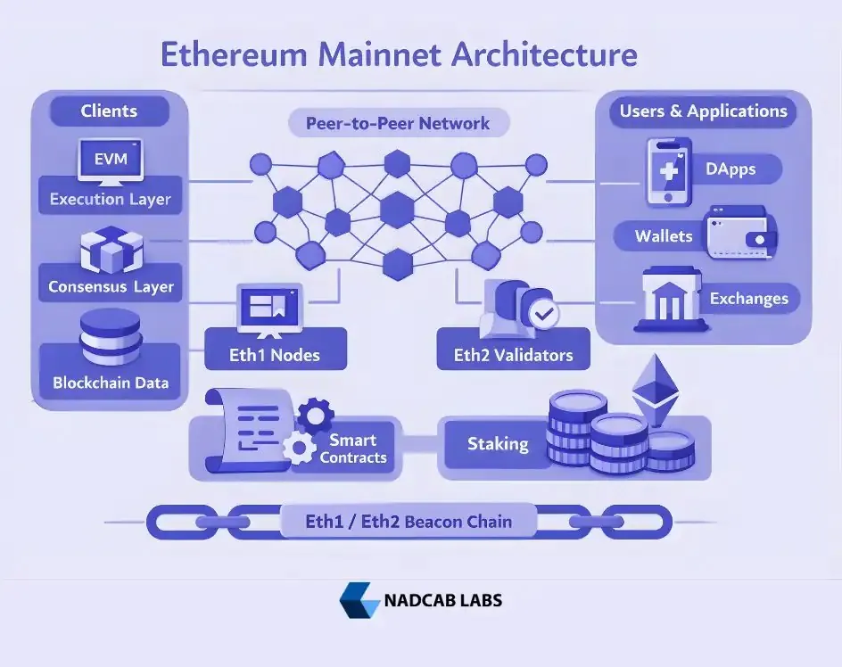 Diagram arsitektur Ethereum: klien, jaringan P2P, EVM, konsensus, dan database.