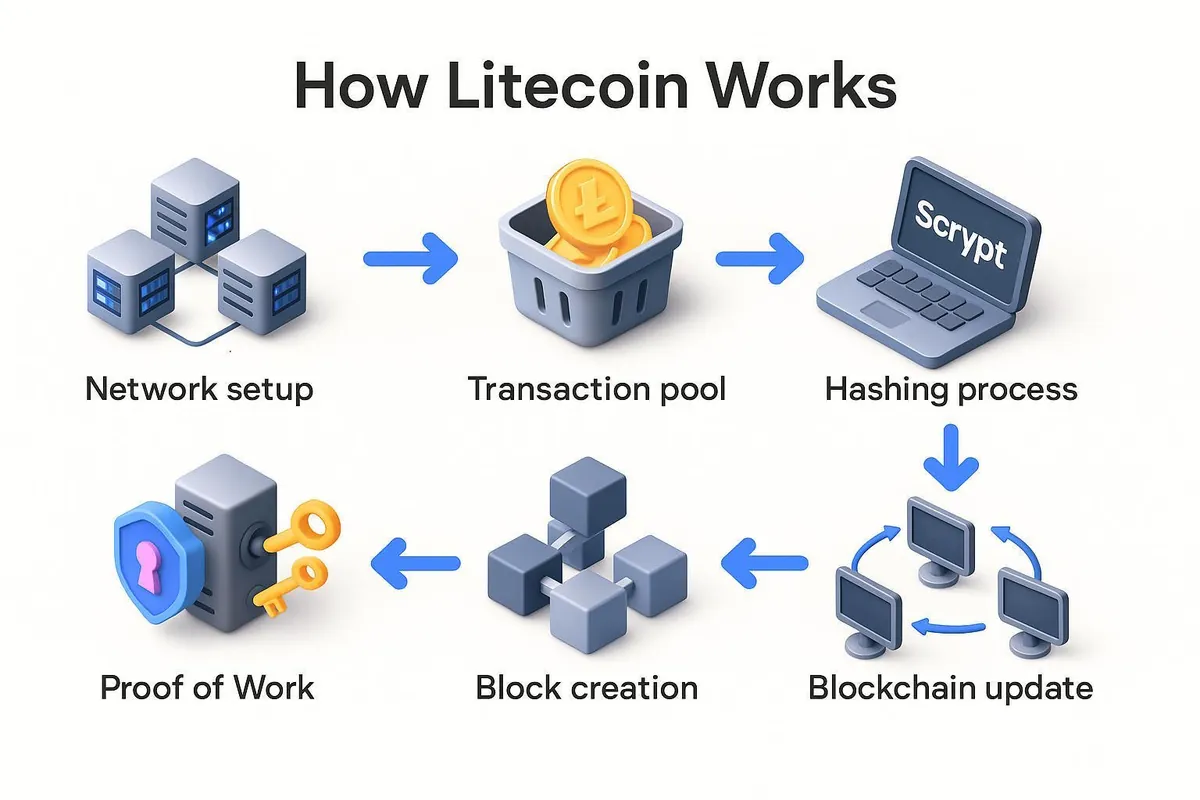 Diagram alur transaksi Litecoin dari transaction pool hingga mining.