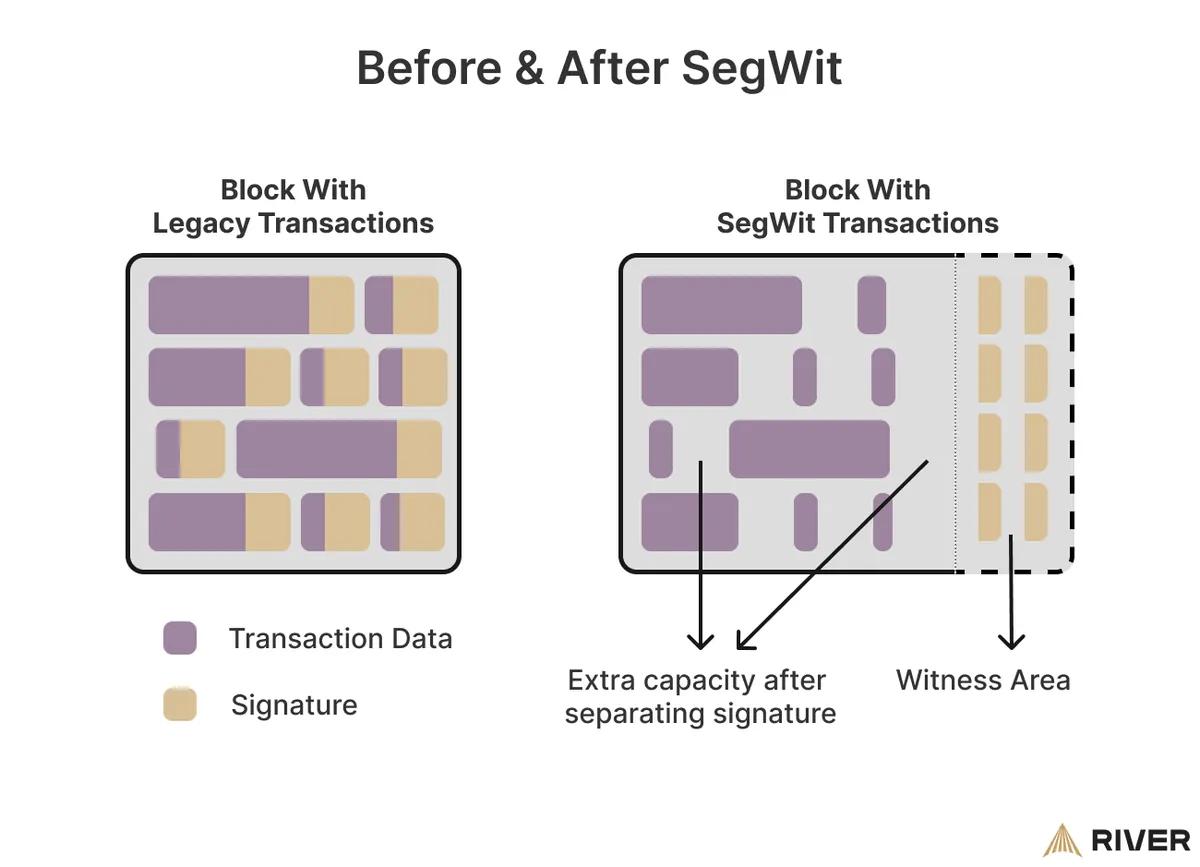 Diagram struktur blok sebelum dan sesudah SegWit.