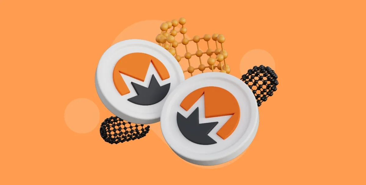 Ilustrasi logo Monero berwarna oranye.