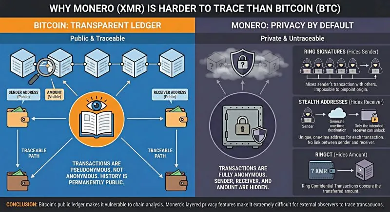 Infografik perbandingan keterlacakan transaksi Monero dan Bitcoin.