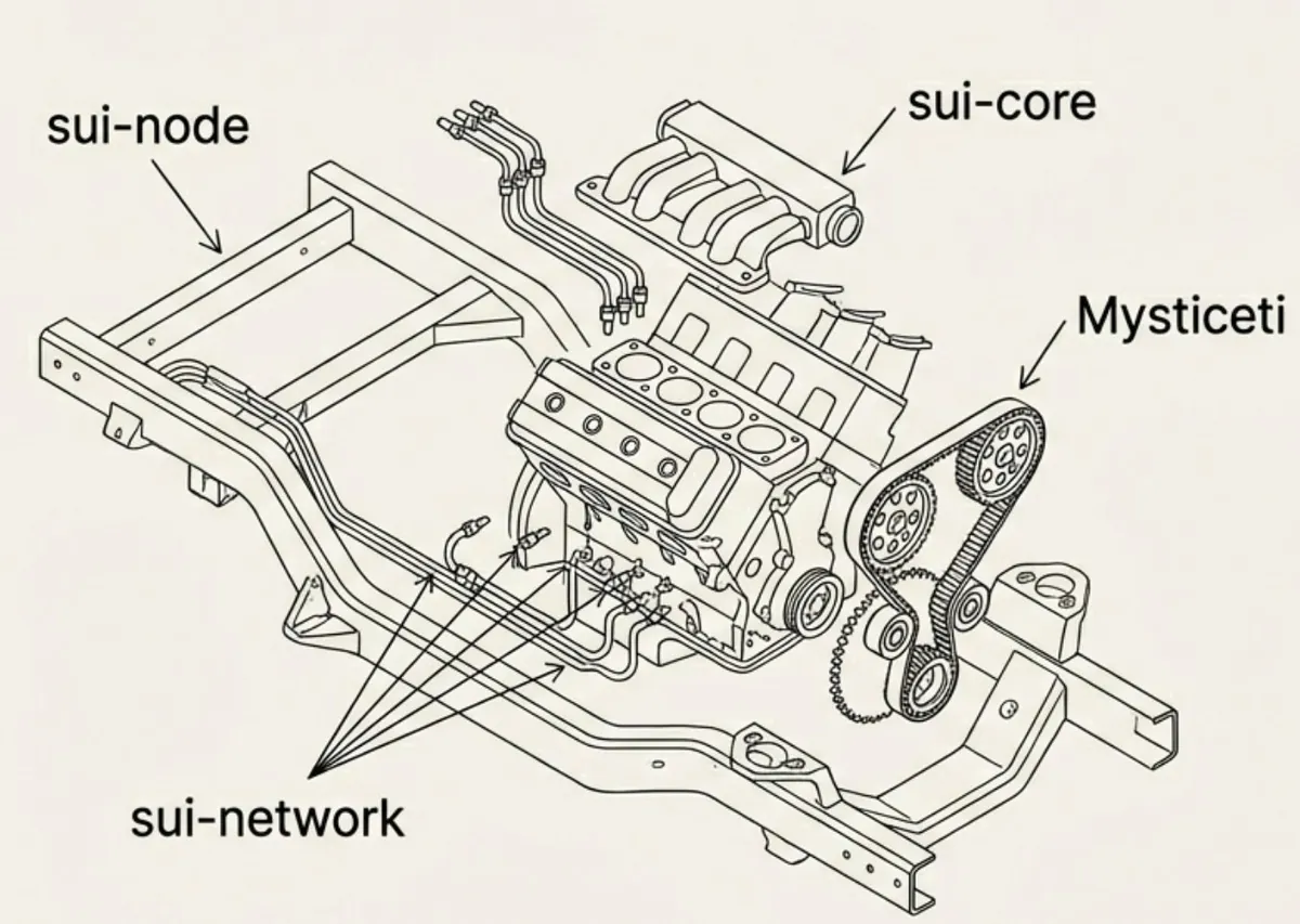 Diagram komponen node, core, dan jaringan Mysticeti pada Sui.