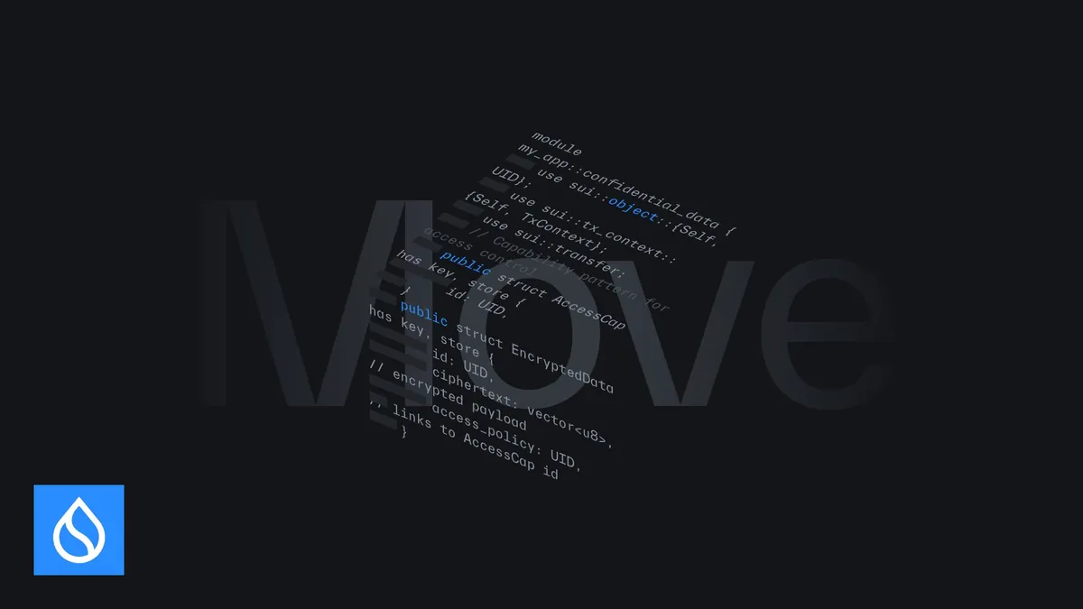 Ilustrasi bahasa pemrograman Move dan logo Sui.