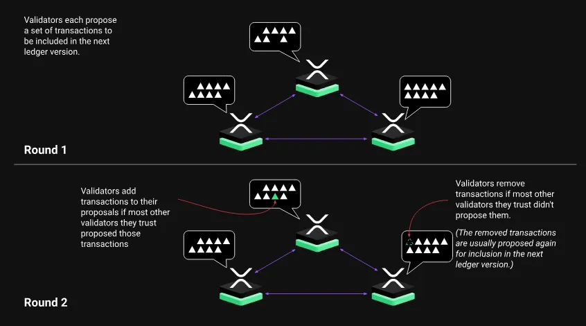 Diagram putaran konsensus dan kesepakatan node XRP Ledger.