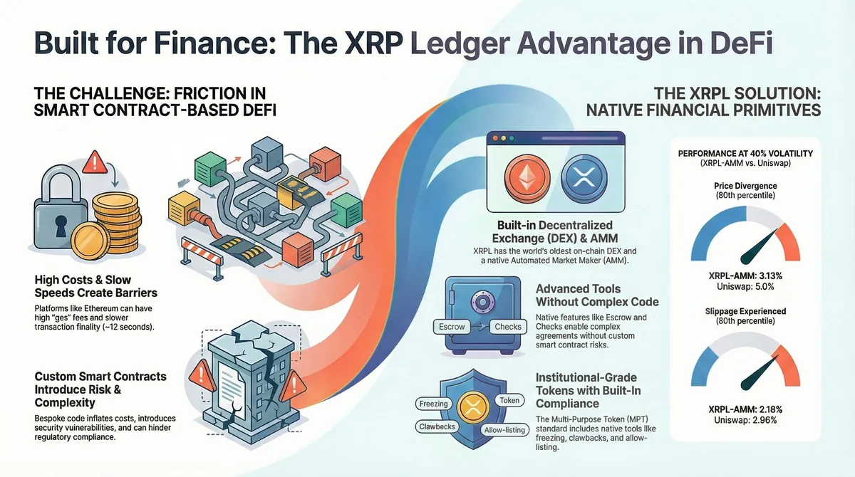 Infografik fitur XRP Ledger untuk layanan keuangan.