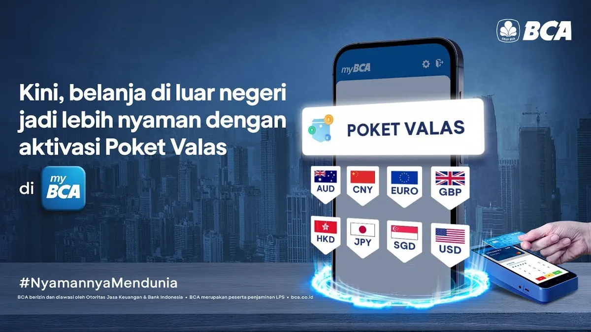 Poster BCA Poket Valas untuk transaksi luar negeri dalam berbagai mata uang.