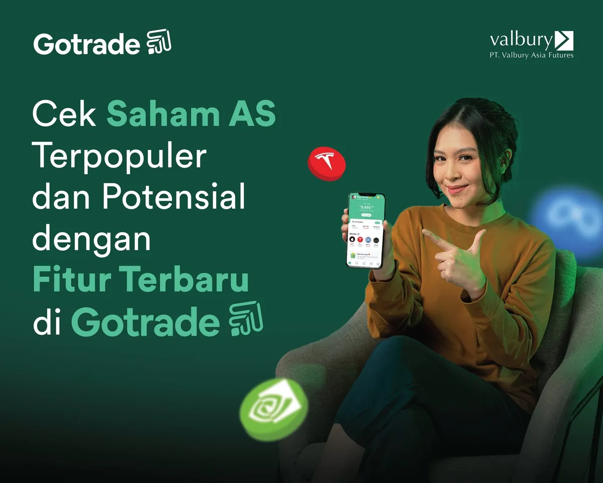 Poster GoTrade tentang fitur untuk melihat saham Amerika yang populer dan potensial.