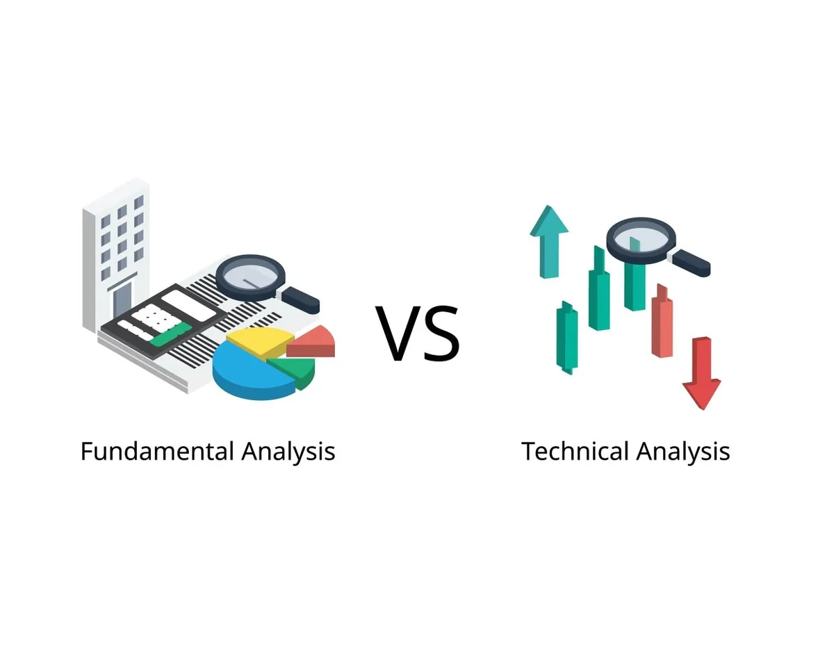 Ilustrasi analisis fundamental (laporan keuangan) dibandingkan analisis teknikal (grafik harga).